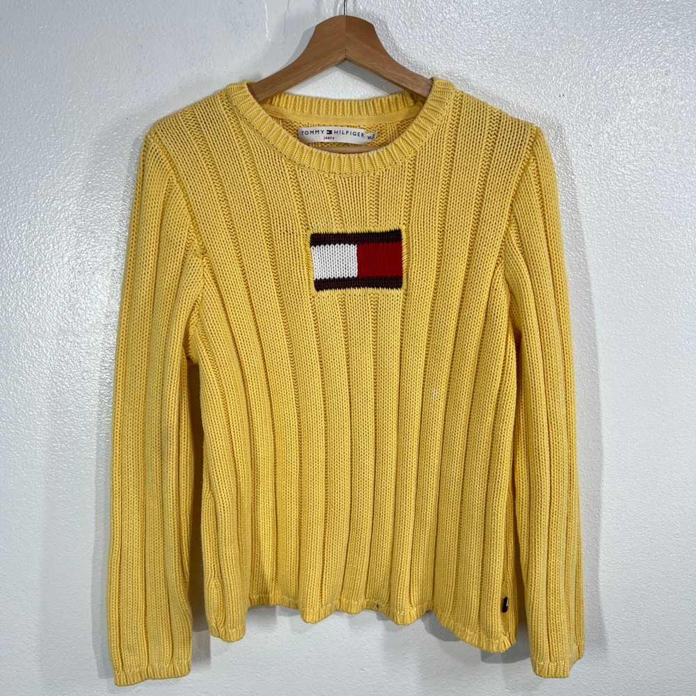 Tommy Hilfiger Jeans Yellow Ribbed Cotton Sweater XL Logo Flag Patch Y2K Retro